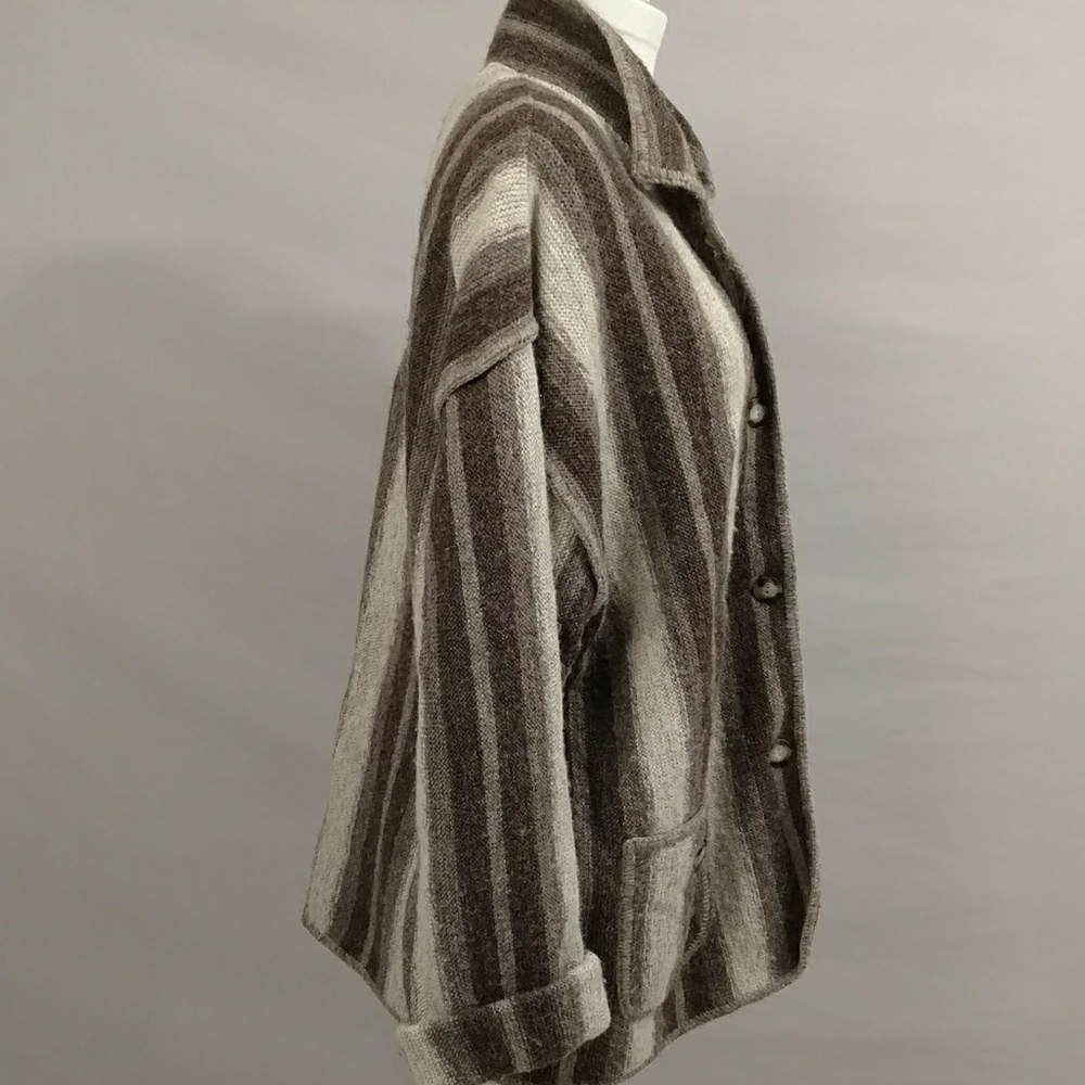 Vintage Knitwear Striped Sweater Cardigan Jacket Boxy Neutral Natural Wool UK - Picture 2 of 10